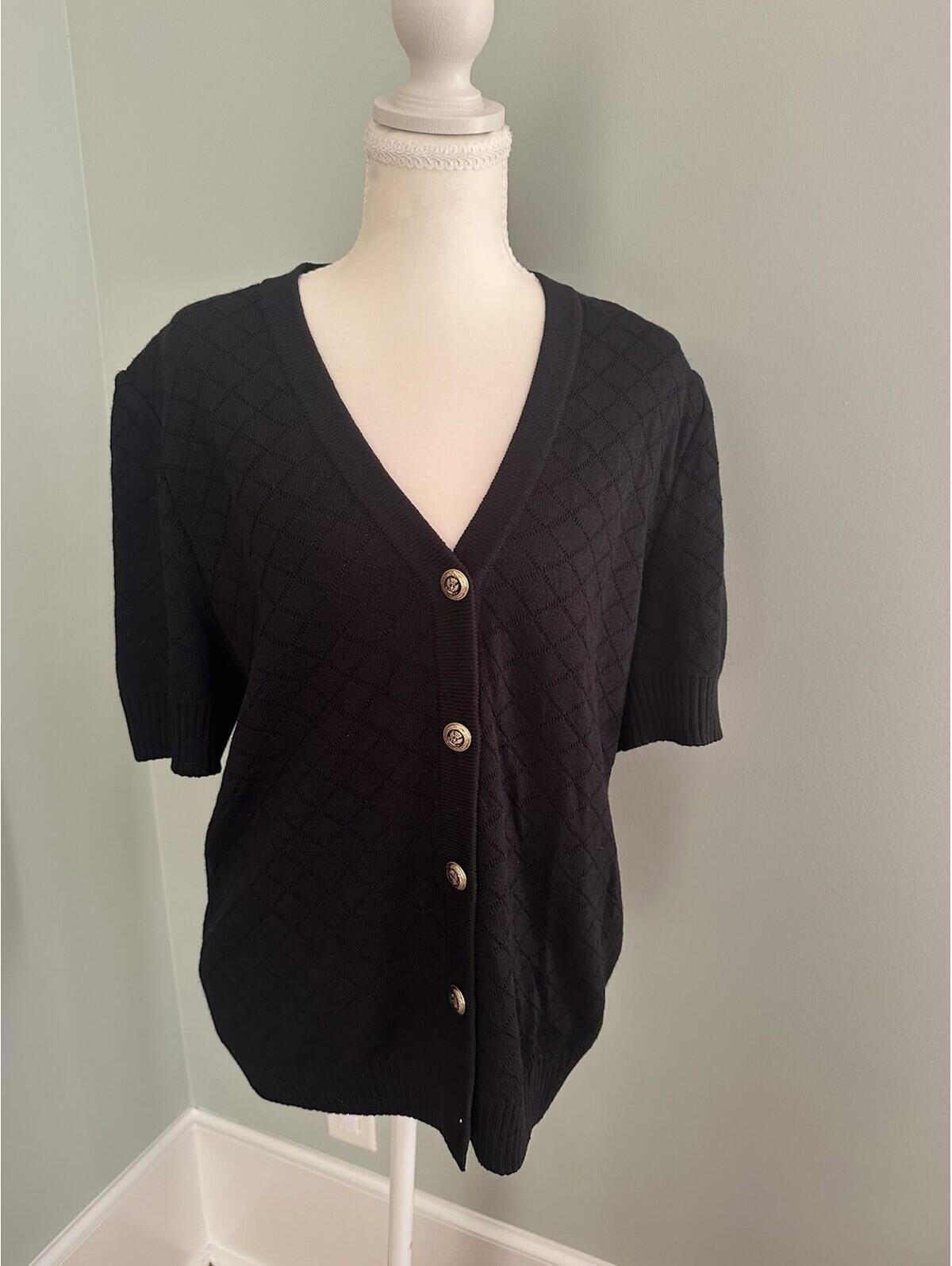 St. John Basics Black Knit Short Sleeve Top With Gold Buttons Size L